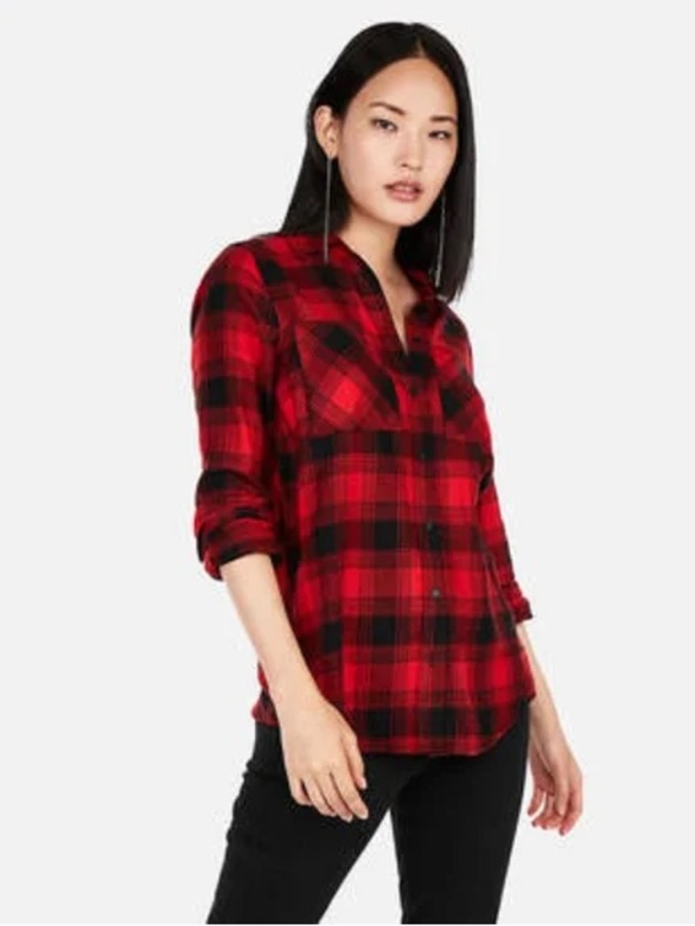 Express Red & Black Plaid Boyfriend Flannel Shirt Sz medium Grunge Skater